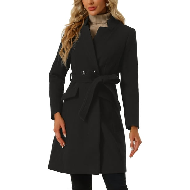 MODA NOVA Vintage Belted Coat for Juniors Stand Collar Winter Outwear Coats Black L
