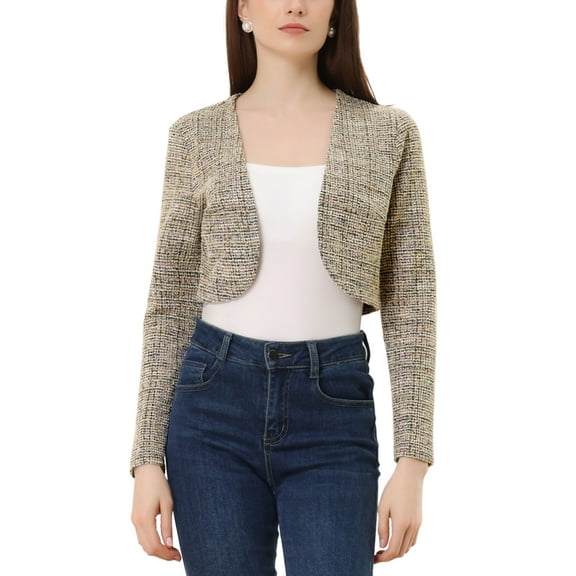 MODA NOVA Vintage Tweed Shrug for Juniors Plaid Open Front Cropped Bolero Cardigan Black Beige M