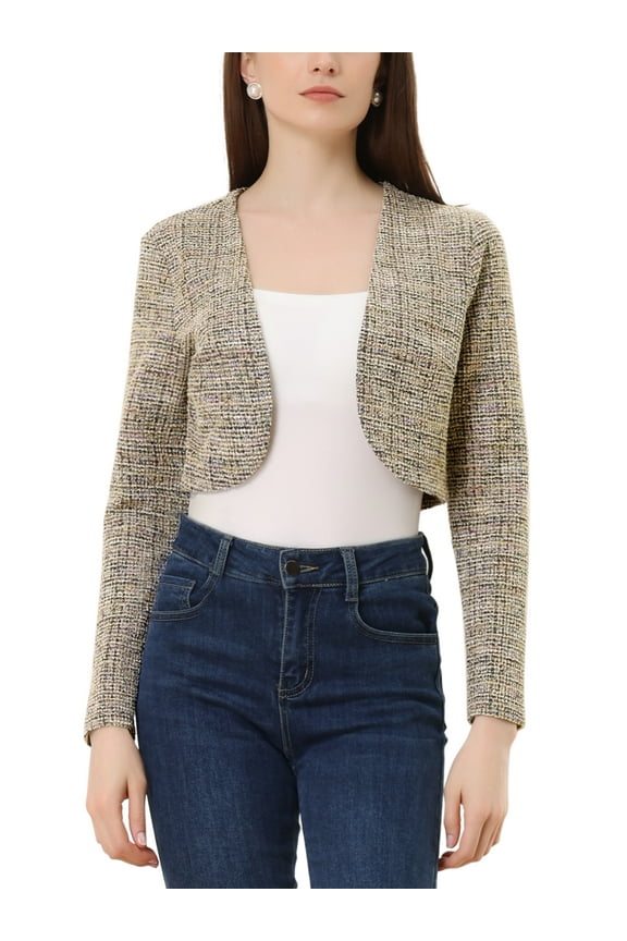 Vintage Tweed Shrug for Juniors Plaid Open Front Cropped Bolero Cardigan Black Beige M
