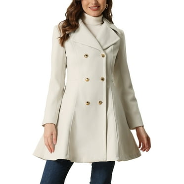 MODA NOVA Winter Long Coat for Juniors Lapel Collar Contrast Double Breast Coat Cream White M