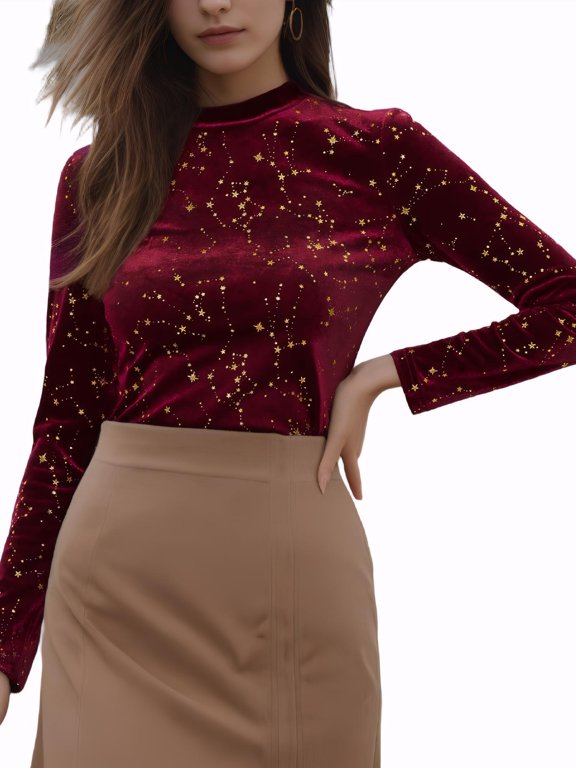 Women's Blouse Metallic Shiny Star Print Long Sleeve Round Neck Shirt L Burgundy