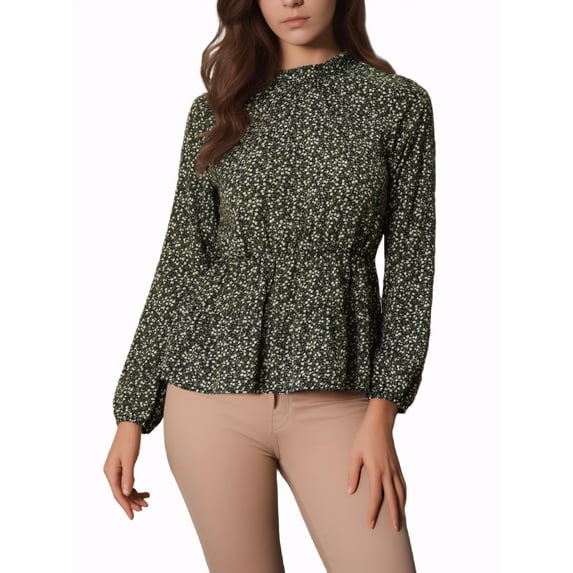 MODA NOVA Women's Blouse Top Ruffled Peplum Stand Collar Long Sleeve Floral Shirt M Black