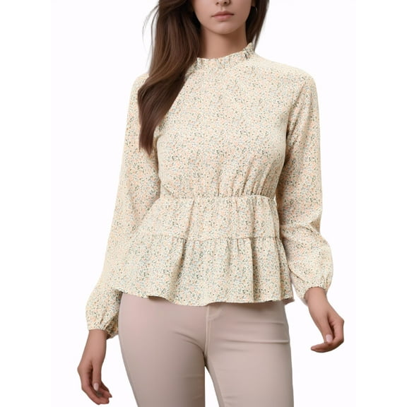 MODA NOVA Women's Blouse Top Ruffled Peplum Stand Collar Long Sleeve Floral Shirt S White