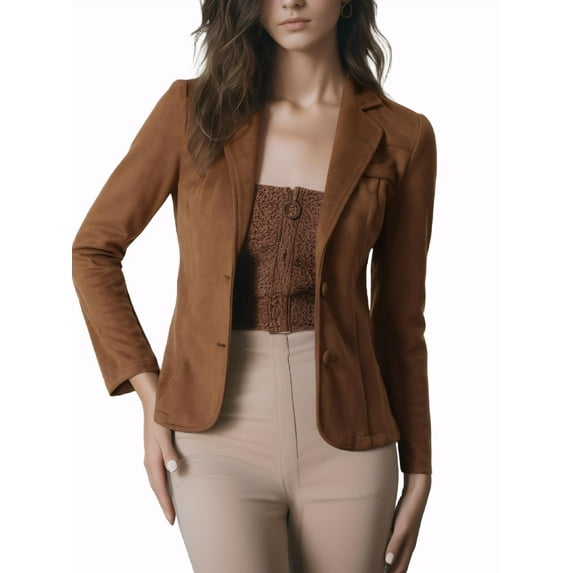 MODA NOVA Women's Jacket Faux Suede Notched Lapel Long Sleeve Coats L Brown