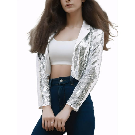 MODA NOVA Women's Jacket Sequin Long Sleeve Lapel Collar Blazer L Silver