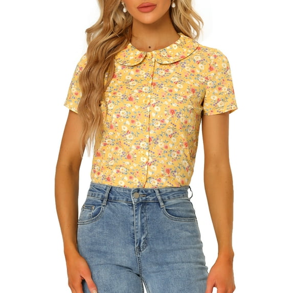MODA NOVA Women's Retro Peter Pan Collar Button Front Floral Print Blouse Yellow L