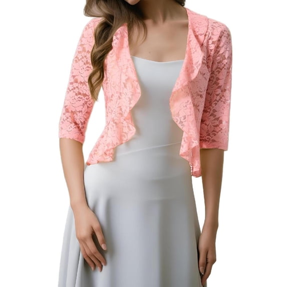 MODA NOVA Women's Shrug Lace Half Sleeve Ruffle Hem Shrug Top M Pink