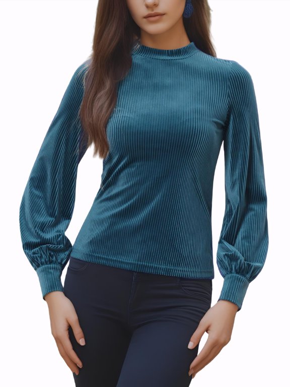 Women's Top Velvet Crew Neck Puff Long Sleeve Shirt S Peacock Blue