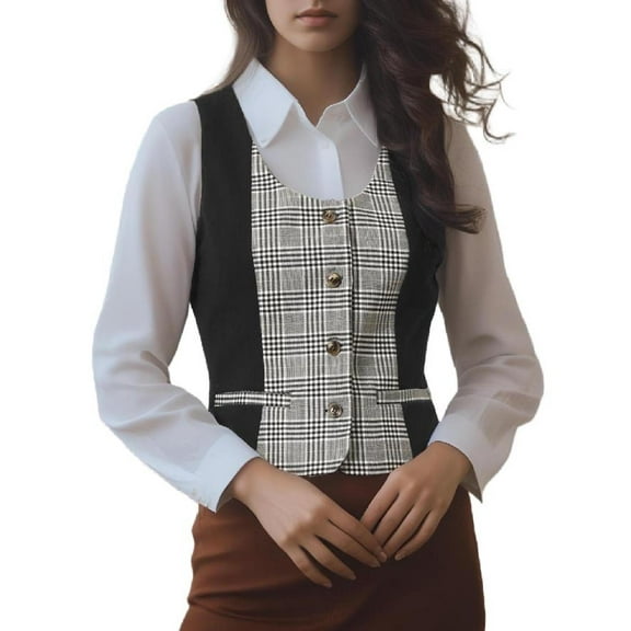 MODA NOVA Women's Vests Plaid Button Down Sleeveless Vests L Black