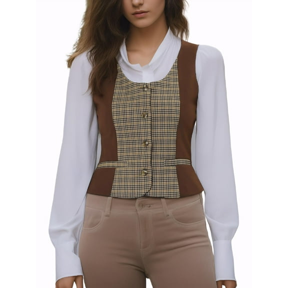 MODA NOVA Women's Vests Plaid Button Down Sleeveless Vests M Brown