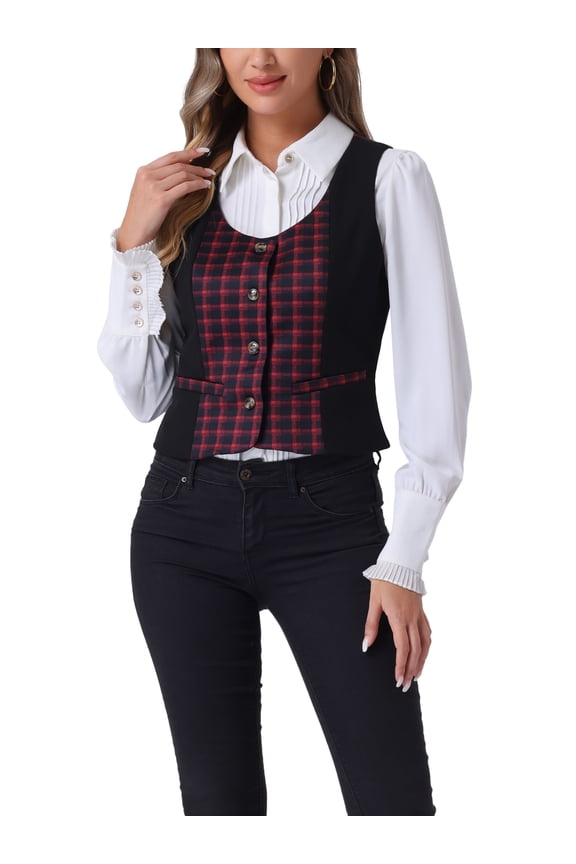 Women's Vests Plaid Button Down Sleeveless Vests M Red