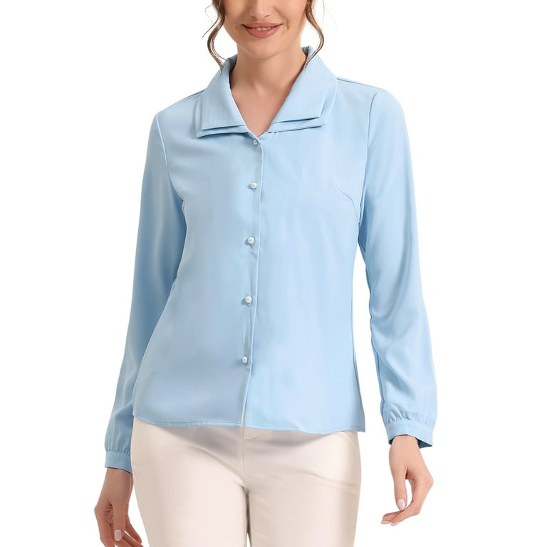 MODA NOVA Work Blouse for Juniors Chiffon Double Collar Button Up Work Office Blouse Shirt Light Blue XS