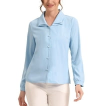 MODA NOVA Work Blouse for Juniors Chiffon Double Collar Button-Up Work Office Blouse Shirt Light Blue XS