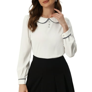MODA NOVA Work Blouse for Juniors Long Sleeve Peter Pan Tops White XS