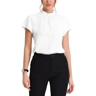 MODA NOVA Work Top for Juniors Stand Collar Cap Sleeve Keyhole Back Elegant Business Blouse White L
