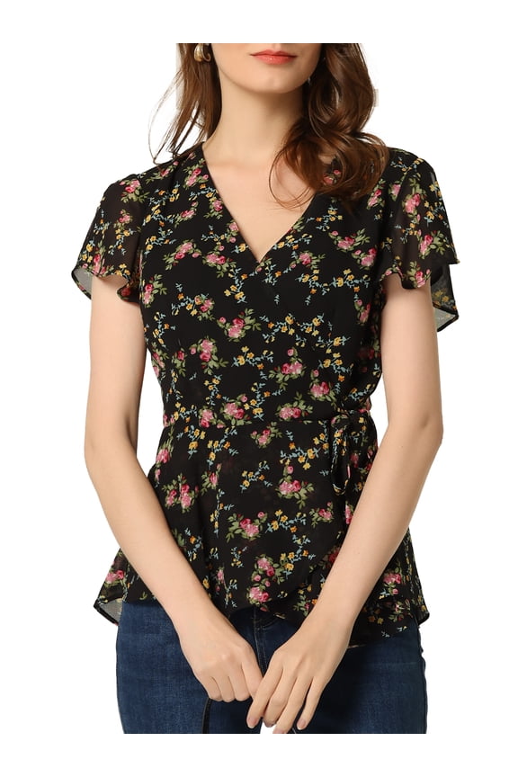 Wrap Tops for Juniors Floral Printed V Neck Slit Sleeve Tie Waist Peplum Blouse