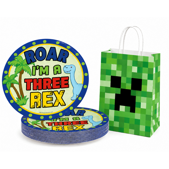 MODAIO Three-Rex Dinosaur Party Set, 16 Plates & 4 Gift Bags