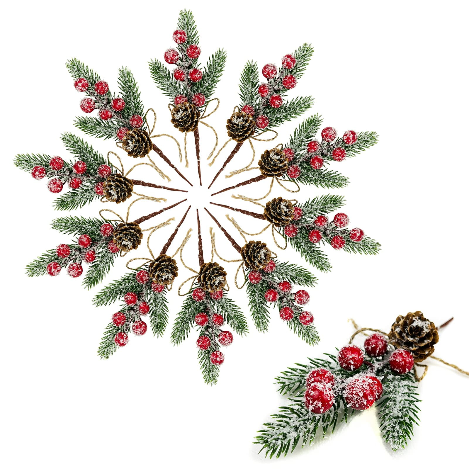 MODANU 10 Pcs Artificial Red Berry Stems Pine Branches with Twine bow