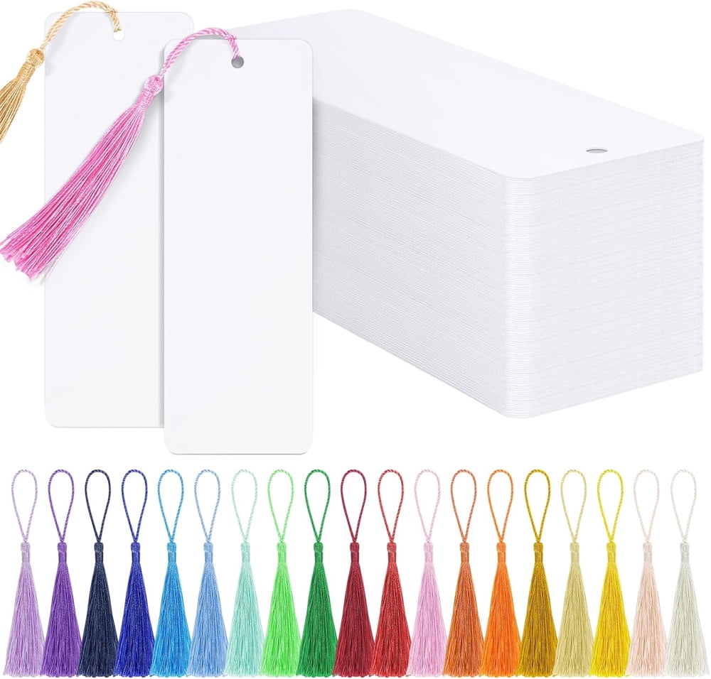 MODANU 100 Pcs Blank Bookmarks with 100 Pcs Tassels, DIY Bookmarks Bulk, Heavyweight Paper Book Marks Making Kits for Classroom Projects and DIY Craft, 6 x 2 Inches