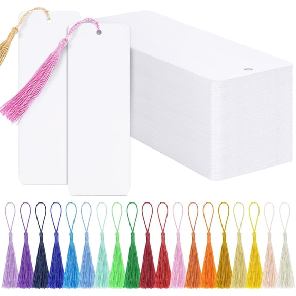 MODANU 100 Pcs Blank Bookmarks with 100 Pcs Tassels, DIY Bookmarks Bulk, Heavyweight Paper Book Marks Making Kits for Classroom Projects and DIY Craft, 6 x 2 Inches