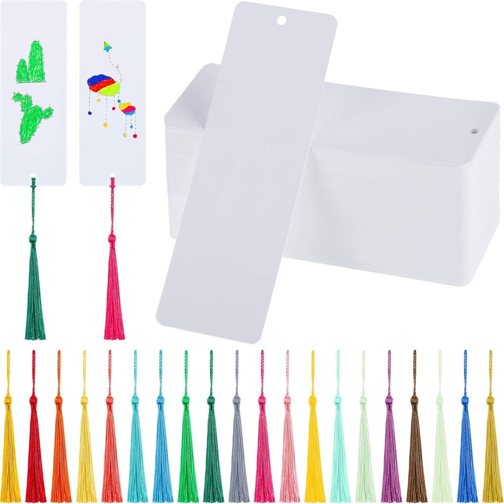 MODANU 100 Pcs Blank Bookmarks to Decorate with 100 Colorful Tassels, Thick Cardstock Bookmarks for DIY Crafts, Holiday Reading, Classroom Projects and Gift Tags, 6x2 Inch