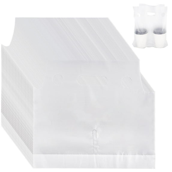 MODANU 100 Pcs Handle Drinking Poly Bags 2 Cups Handle Drink Carriers Clear Plastic Packaging Bags for Delivery Take Out Cup Holder Beverage Coffee Juice Mike Tea Stores, 11 x 12 inch