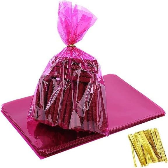 MODANU 100Pcs Cellophane Treat Bags, 6 x 9in Cello Bags Resealable Candy Favor Bags for Parties, Holidays, Christmas, Snacks Goodie Gifts Party(Pink)