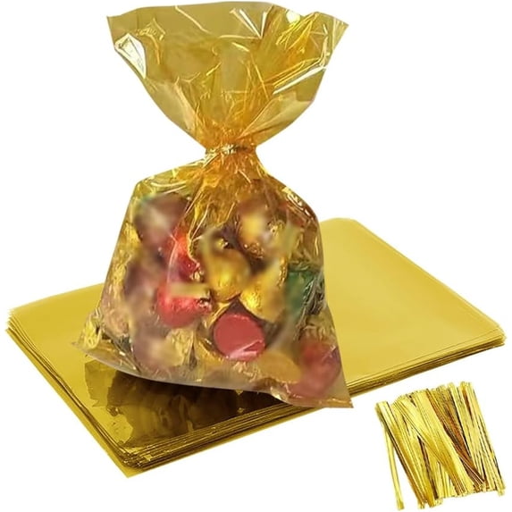 MODANU 100Pcs Cellophane Treat Bags with Twist Ties, 6x9 inch Cellophane Bags for Candy, Cookies Treats and Gifts, Party Supplies(Yellow)