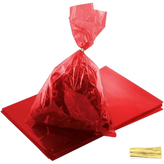 MODANU 100Pcs Red Treat Bags, 9x6 inch Clear Gift Bags with Twist Ties Plastic Gift for Candy Party Favor Cookies Candies Packaging Bakery
