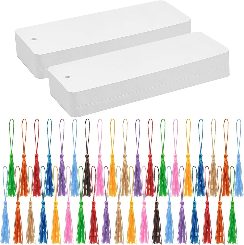 MODANU 100pcs Watercolor Paper Blank Bookmarks with Colorful Tassels, White Cardstock Bookmarks Bulk Watercolor Bookmark with Hole Bookmark Making Kit for DIY Projects Gifts Tags - 6 X 2 Inches