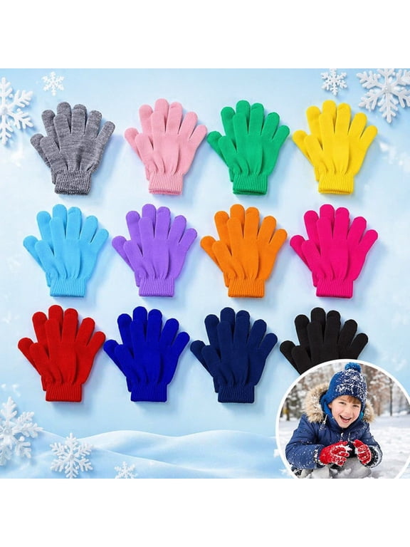 12 Pairs Kids Gloves Winter Toddler Gloves Full Fingers Knit Gloves Children Stretchy Warm Gloves Bulk for Boys and Girls, Christmas Gift for Kids, Multicolor