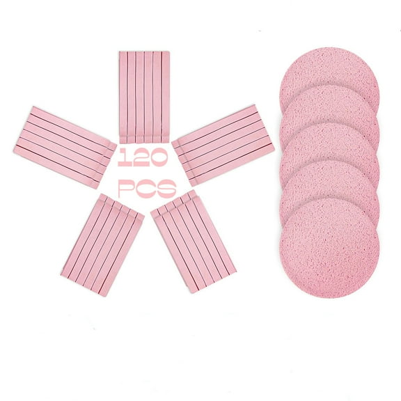 MODANU 120 Pcs Facial Sponge Compressed,Professional Makeup Removal Round Face Wash Sponges Spa Pads Exfoliating Cleansing for Women and Girls, Pink