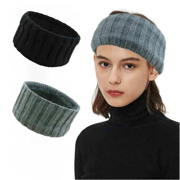 MODANU 2 Pcs Knit Winter Headbands for Women Fuzzy Wool Fleece Lined Ear Warmers Crocheted Head Wrap Winter Accessories for Women and Girls, Black & Grey