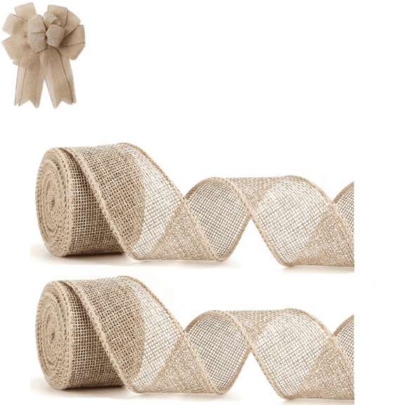 MODANU 2 Rolls Natural Jute Burlap Wired Ribbon for Gift Wrapping, 1.57in x 5yd Christmas Tree Ribbons, Crafts, Wreaths, Thanksgiving