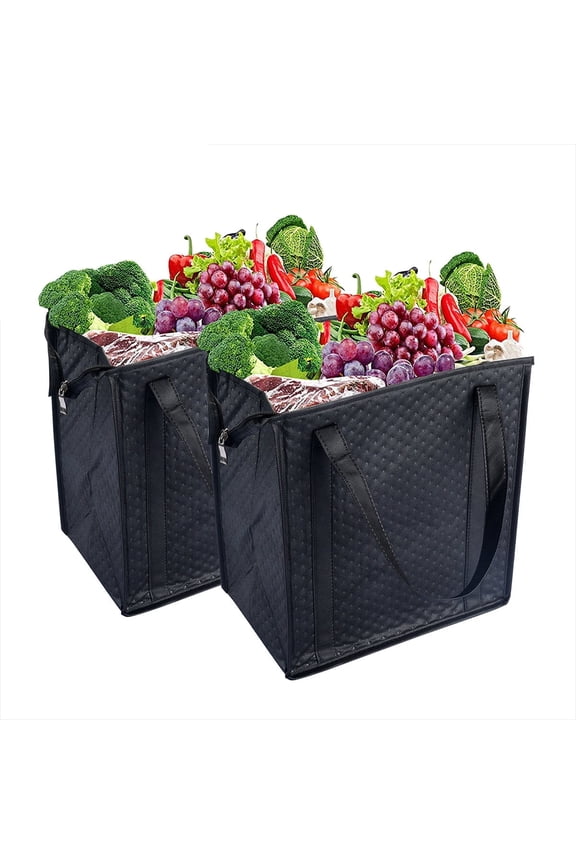 2Pcs Insulated Grocery Bags 13 x 12 x 7.1 inch Large Reusable Insulated Cooler Bags with Zipper Top Shopping Totes for Hot or Cold Food, Black