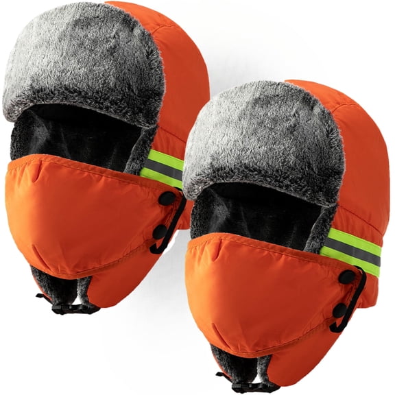 MODANU 2Pcs Winter Reflective Trapper Hat with Ear Flaps Face Mask Waterproof Windproof Warm Faux Fur Lined Hunting Hat for Men and Women