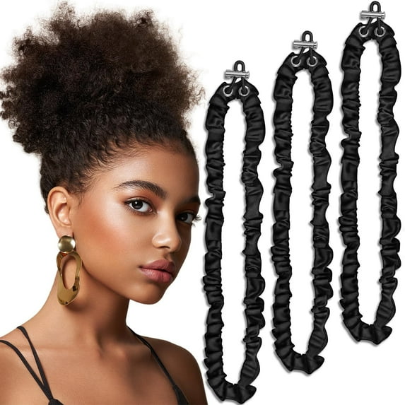 MODANU 3 Pack Adjustable Drawstring Silky Satin Scrunchies Non Slip Ouchless Hair Ties for Thick Hair Perfect for Afro Puff, Locs, Natural Hair, Ponytails, Curly Hair and Dreadlock, Black
