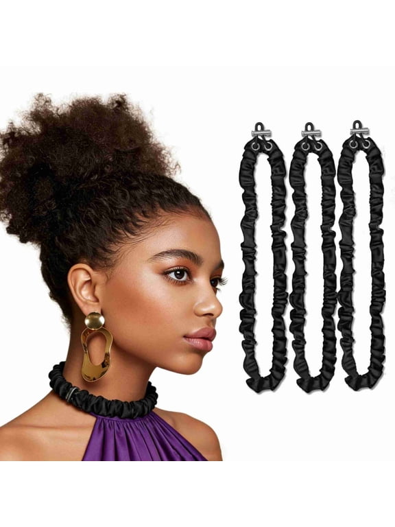 3 Pack Adjustable Drawstring Silky Satin Scrunchies Non Slip Ouchless Hair Ties for Thick Hair Perfect for Afro Puff, Locs, Natural Hair, Ponytails, Curly Hair and Dreadlock, Black