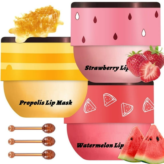 MODANU 3 Pcs Bee Lip Balm Honey Pot, Honey & Strawberry & Watermelon Mask Overnight Propolis Moisturizing Lip Balm with Stick, Hydrating Repair Lip Sleeping Mask, Prevention Dry and Cracked