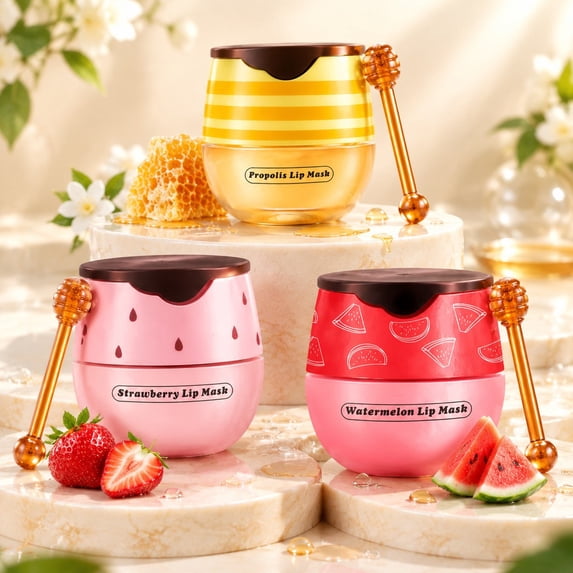 MODANU 3 Pcs Bee Lip Balm Honey Pot Honey Lip Balm Sleeping Lip Mask Silky Hydrating Bee Lip Balm Lip Mask Overnight Lip Care Products (Honey+Strawberry+Watermelon)