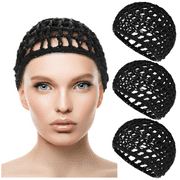 MODANU 3 Pcs Black Hair Nets Cap Sleeping Hairnet Snoods Wrap Bonnets Long Straight Curl Wig Head Protector Mesh Wrapping Crochet Wave Cook Hats Bun Lift Strap Weaving Sew for Women Ballet