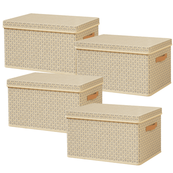 MODANU 4 Pack Foldable Storage Bins Cubes Boxes with Lid Storage Box Cube Cubby Basket Closet Organizer with Handles for Closet Bedroom (Medium, Beige)