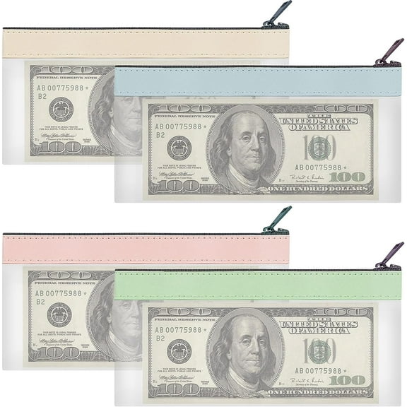MODANU 4 Pack Money Bags with Zipper, Clear Cash Envelopes, Money Pouch, 7.2 x 3.9 inch Bank Deposit Bags, Cash Bag, Multi-Purpose Check Wallet for Men and Women, 4 Colors