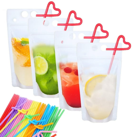 MODANU 40 Pcs Stand-Up Plastic Drink Pouches Bags with Straws, Heavy Duty Frosted Drink Pouches, 16oz Zipper Handheld Translucent Juice Pouches for Cold, Hot Drinks, Smoothie