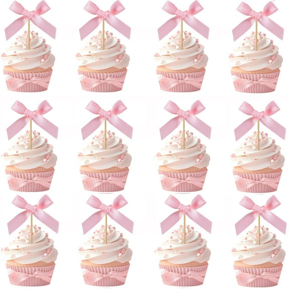 MODANU 48Pcs Pink Bow Cupcake Toppers, 2" Bowknot Cupcake Toppers Ribbon Bow Cake Picks Pink Bowknot Birthday Decorations for Coquette Theme Party