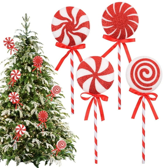 MODANU 4Pcs Lollipop Candy Christmas Tree Picks with Ribbon, 8.26" Christmas Decorations for Xmas Tree Topper Home Vase Party Ornaments(Red White)