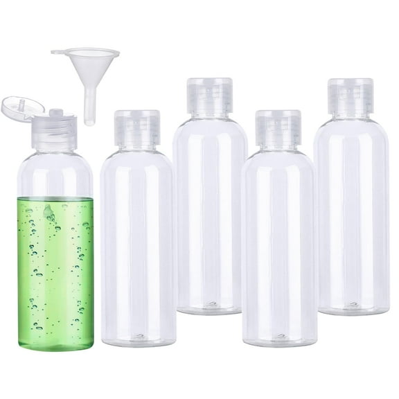 MODANU 5 Pack Empty Plastic Travel Bottles for Toiletries 3.4oz Leak Proof Squeezable Travel Size Containers with 5 Funnels Travel Essentials Accessories, Clear