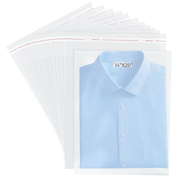 MODANU 50 Pcs Cellophane Bags, Clear Poly Bags, Resealable Self-Sealing Plastic Bags for Packaging Shirts, Clothing, Party Favors (14 x 20inch)