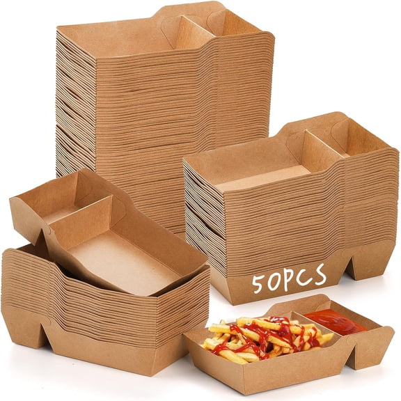 MODANU 50 Pcs Food Serving Tray, 2 Compartment Disposable Kraft Food Boat, Grease Resistant Heavy Duty Paperboard, Take Out Fast Food Snack Holder Container for Hot Dog, Nacho, Party ( 7 x 3.3inch)