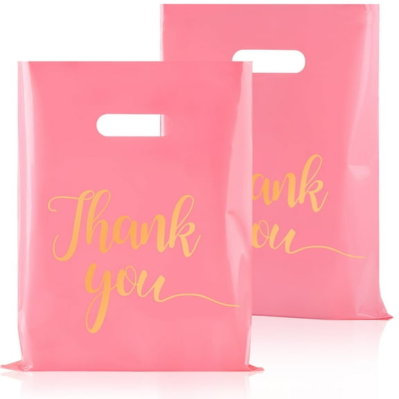 MODANU 50 Pcs Thank You Bags for Business, Plastic Merchandise Bags Extra Thick Retail Shopping Bags with Handle Goodie Bags for Boutique Gift Packaging Wholesale (12 x 8 inch, Pink)